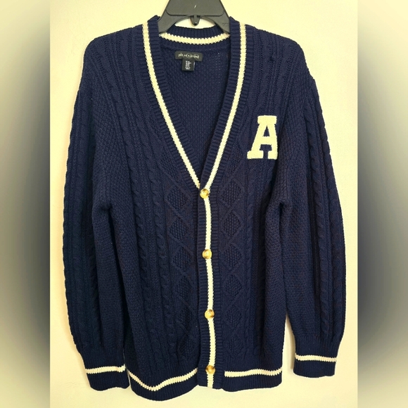 Men's Art Of Rhetoric Blue Monogrammed Fisherman Cable Knit Cardigan Medium Blue - Picture 1 of 6